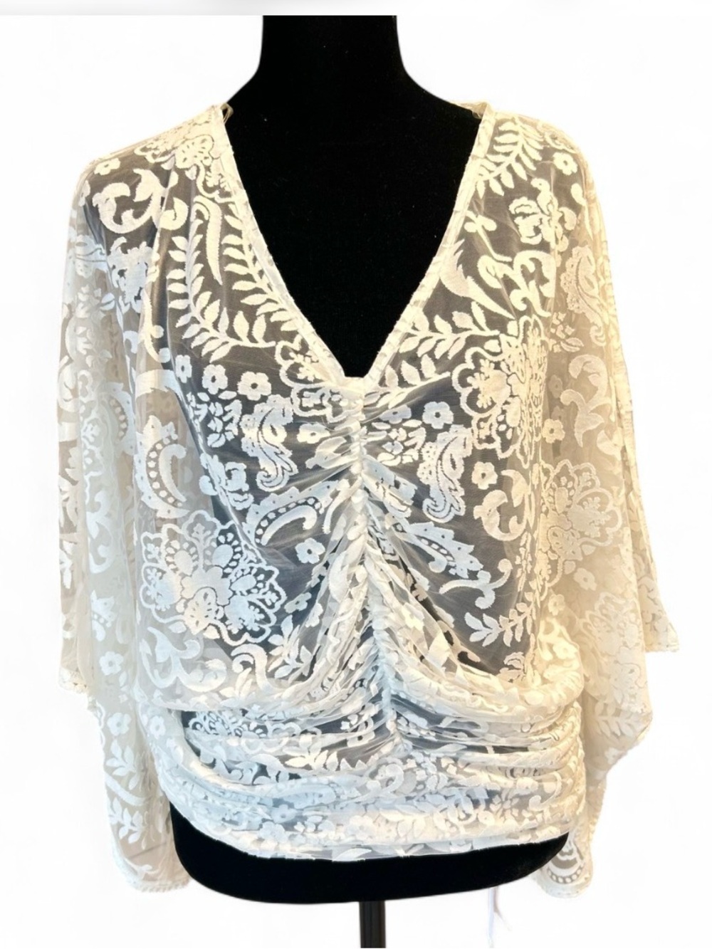 LUNA White Lace Top M, Ruched V Neck Long Sleeves